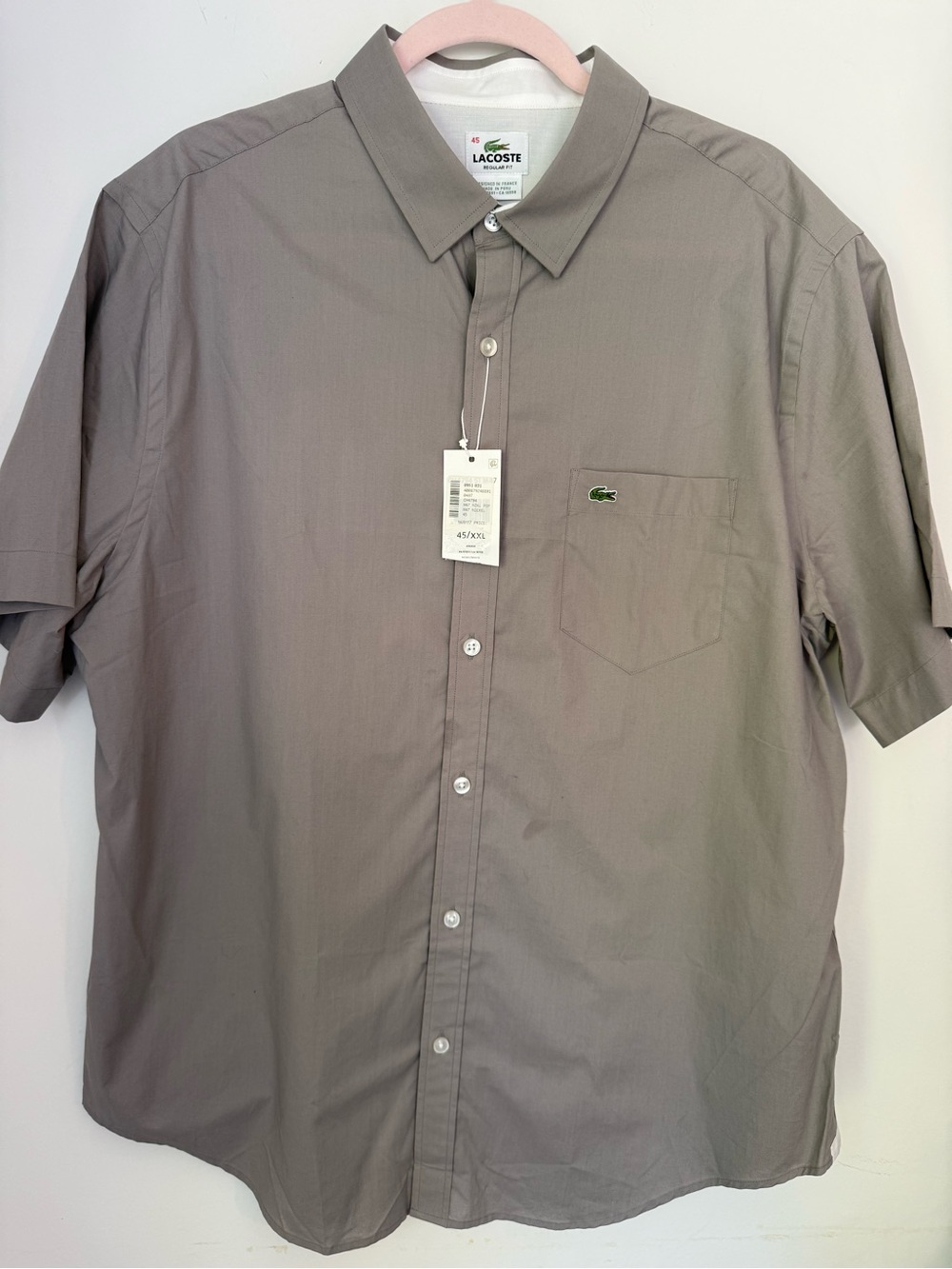 NWT Lacoste Men’s 100% Cotton Short Sleeve Button-Up Shirt Gray Size 45 XXL